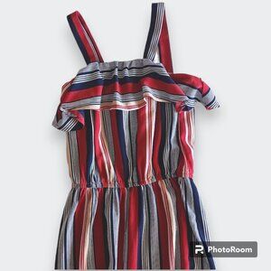 Striped High Waist Jumpsuit Red Blue White Beige No Bo Ruffle Top Womens XS